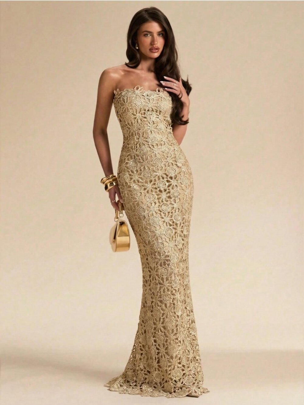 Gold Flower Textured Maxi Dress - Picture 1 of 3